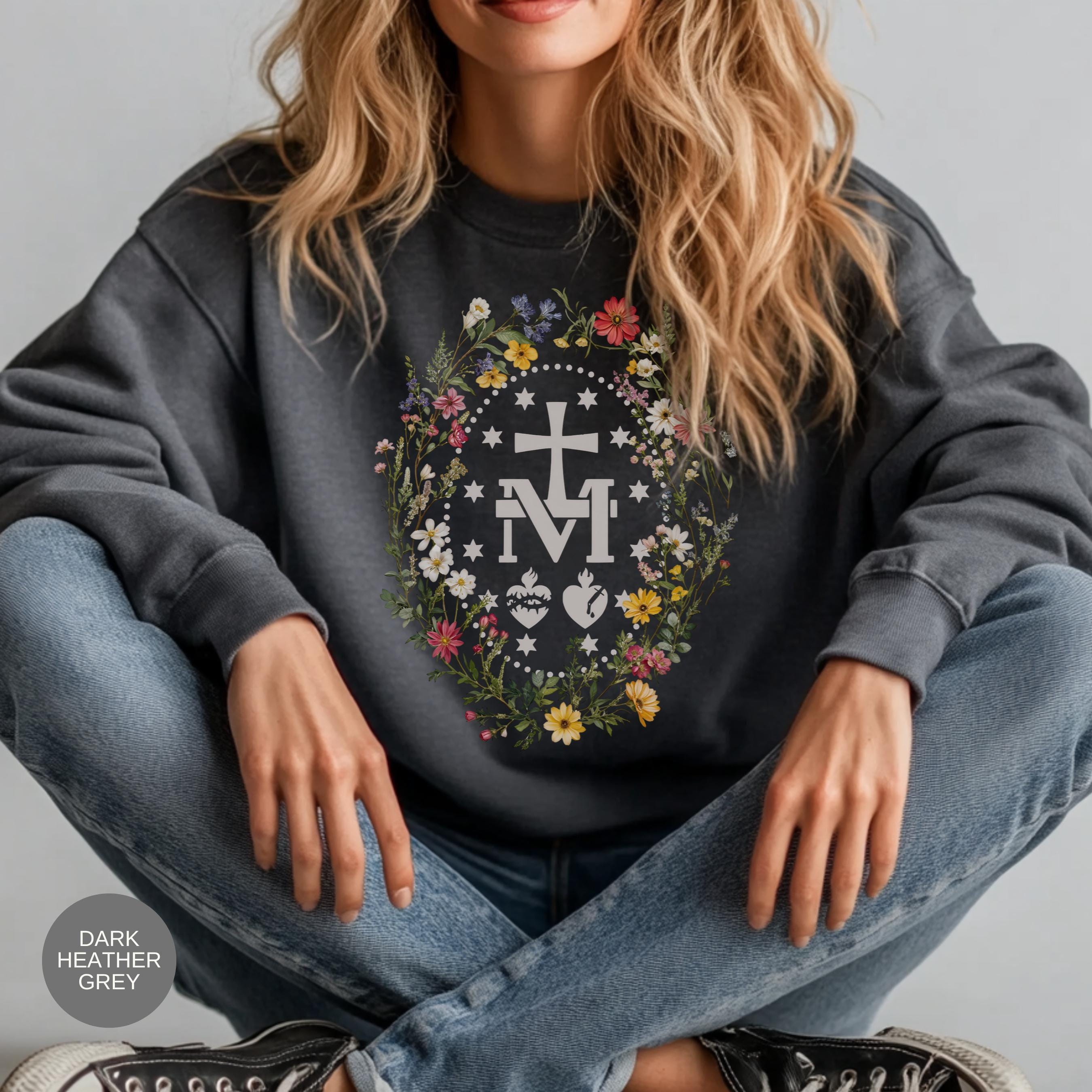 Marian Catholic Sweatshirt: Virgin Mary Floral Design