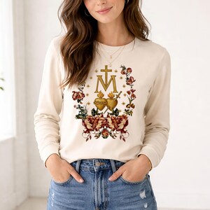 Miraculous Medal Tee: Gold Monstrance Floral Faith Apparel, Ring-Spun Cotton image 5