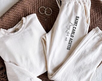 Saint Carlo Acutis Sweatpants, Garment-Dyed Cotton Fleece, Casual Streetwear