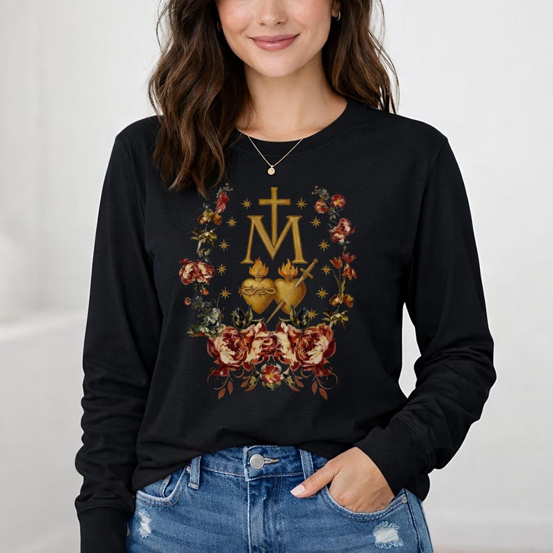 Miraculous Medal Tee: Gold Monstrance Floral Faith Apparel, Ring-Spun Cotton image 10