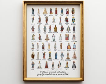Catholic Marian Apparitions Watercolor Print, Holy Mother Titles Wall Art (Archival Matte Paper)