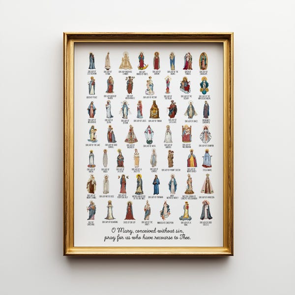 Catholic Marian Apparitions Watercolor Print, Holy Mother Titles Wall Art (Archival Matte Paper)