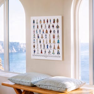 May include: A framed print featuring numerous illustrations of religious figures, each depicted in colorful attire. The artwork is displayed on a white canvas, with a quote at the bottom. The print is mounted on a wall near a window.