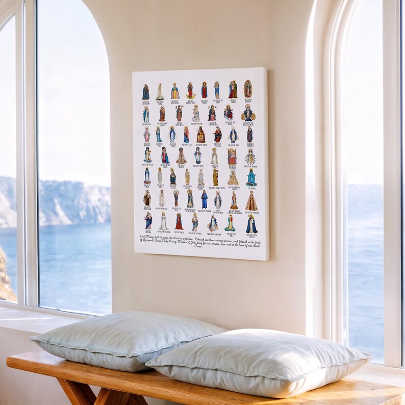May include: A framed print featuring numerous illustrations of religious figures, each depicted in colorful attire. The artwork is displayed on a white canvas, with a quote at the bottom. The print is mounted on a wall near a window.