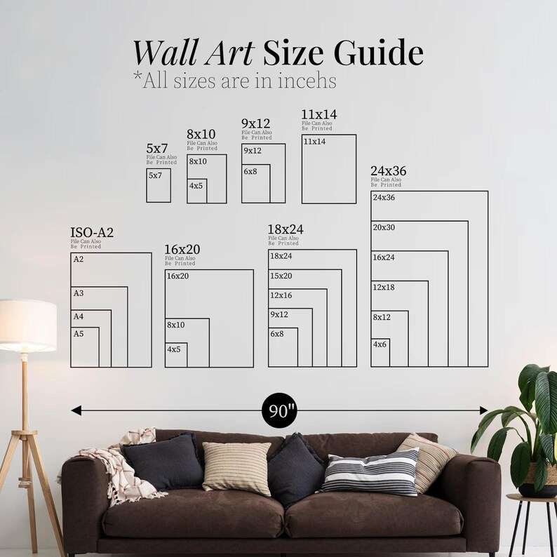 May include: A wall art size guide with various rectangular dimensions, including 5x7, 8x10, 9x12, 11x14, 16x20, 18x24, and 24x36 inches. The guide is displayed above a brown sofa, with a total width of 90 inches.