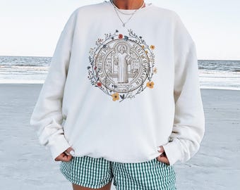 St. Benedict Medal Crewneck Sweatshirt: Vintage Catholic Gift