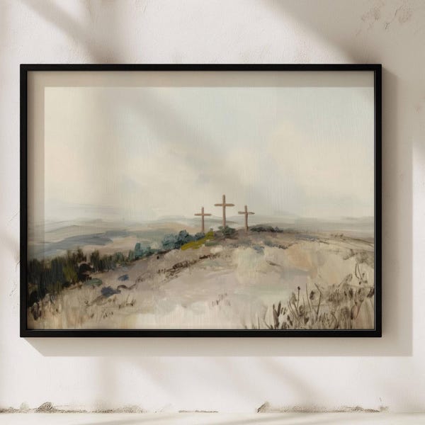 Three Crosses Print Christian Art Wall Decor, Serene Hill Of Hope (Matte Finish, Museum Grade Paper, 46 Sizes)