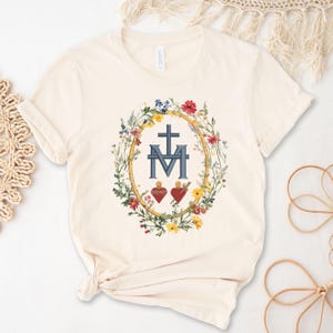 Marian Catholic T-Shirt, Super Soft Virgin Mary T-shirt, Catholic Gifts For Women, Marian Cross Shirt, Floral Women Religious Shirts