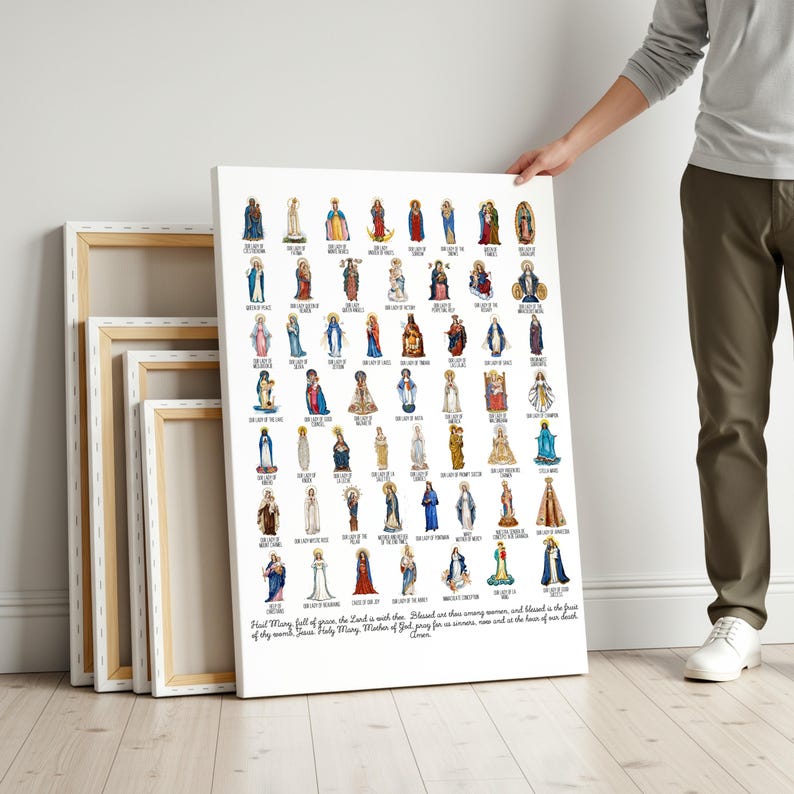 May include: A large white canvas print featuring numerous illustrations of religious figures. Each figure is depicted in a unique pose and attire, with a variety of colors used throughout the artwork. The print includes text at the bottom, and is being held by a person.