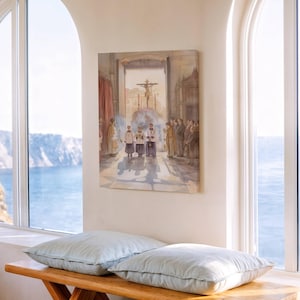 May include: A framed watercolor painting depicting a religious procession inside a cathedral. The artwork features figures in robes, a crucifix, and architectural details. The painting is displayed on a white wall near a window overlooking the ocean.