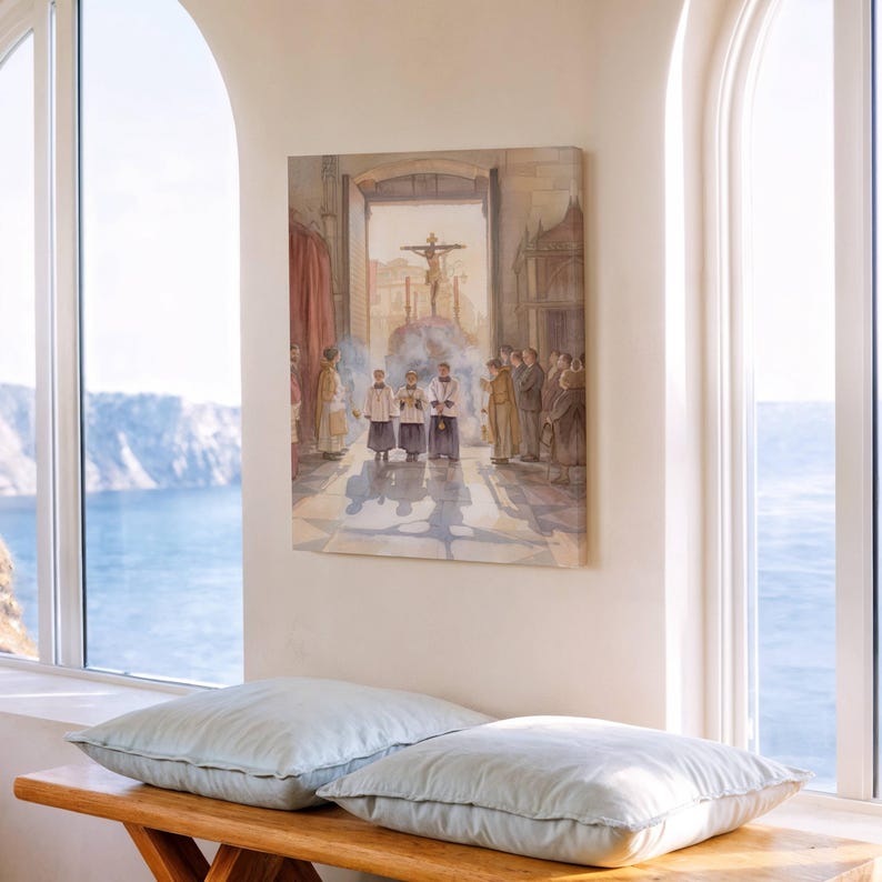 May include: A framed watercolor painting depicting a religious procession inside a cathedral. The artwork features figures in robes, a crucifix, and architectural details. The painting is displayed on a white wall near a window overlooking the ocean.