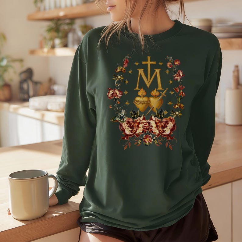 Miraculous Medal Tee: Gold Monstrance Floral Faith Apparel, Ring-Spun Cotton image 11