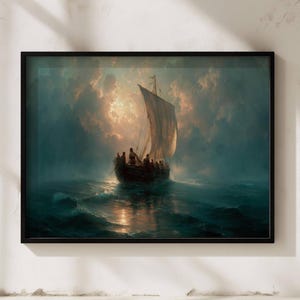 Vintage Christian Art Print, Christ Calming Storm, Lake Galilee (Archival Matte Giclée)