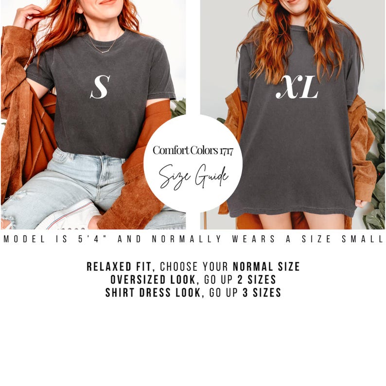 The image is a collage of two photos featuring a woman wearing a black t-shirt with a white letter "S" and an orange jacket. The collage includes text providing a size guide for the model, suggesting that the model is 5'4" and normally wears a size small. The guide advises choosing a relaxed fit, opting for an oversized look, going up to 2 sizes, and selecting a shirt dress look, with the option to go up to 3 sizes.