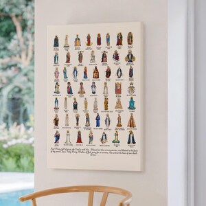 May include: A canvas print featuring numerous illustrations of the Virgin Mary in various depictions. The artwork showcases a variety of colors and styles, with text at the bottom. The print is displayed on a wall near a wooden chair.