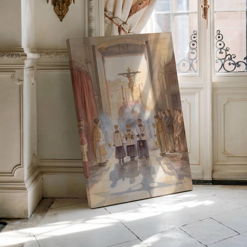 May include: A framed watercolor painting depicting a religious procession. The artwork features figures in robes and a crucifix, with soft lighting and a muted color palette. The painting is leaning against a wall in a room with ornate architectural details.
