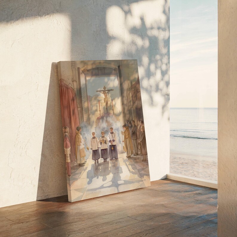May include: A canvas print of a religious scene depicting figures in robes and a crucifix. The artwork features a muted color palette with soft lighting, creating a serene atmosphere. The print is leaning against a white wall, with a view of the ocean in the background.