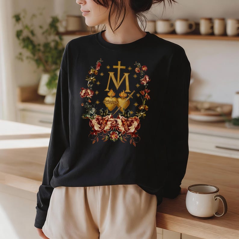 Miraculous Medal Tee: Gold Monstrance Floral Faith Apparel, Ring-Spun Cotton image 12
