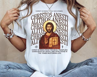 CHRISTOS ANESTI T-SHIRT, Alithos Anesti Shirt, Orthodox Christian Gifts, Unisex, Crew Neck, Sweatshirt, Greek, Collegiate, Saintwave, Preppy
