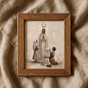 May include: A framed religious print depicting a woman in white with a gold crown, surrounded by children in prayer. The artwork is set in a wooden frame, with a soft, neutral background.