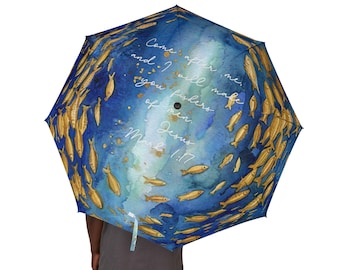 Blue Ocean Fish Umbrella - Christian Bible Verse, Foldable Travel