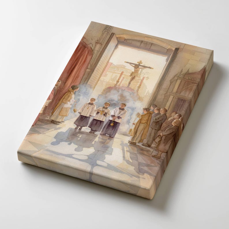 May include: A canvas print of a watercolor painting depicting a religious procession. The artwork shows figures in robes and a crucifix in the background. The scene is set inside a building with a large doorway, with light and shadows.