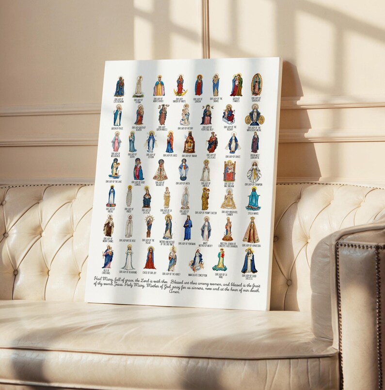 May include: A white canvas print featuring numerous illustrations of religious figures, each depicted in various poses and attire. The print includes text at the bottom, and is displayed on a cream-colored sofa.