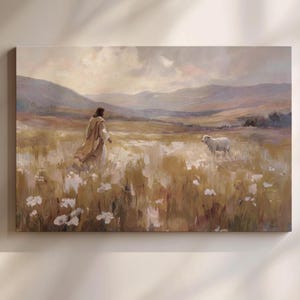 Jesus Leaves the 99 Lost Sheep Canvas – Pastoral Christian Wall Art