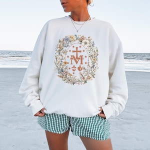 Marian Catholic Sweatshirt, Floral Virgin Mary Hoodie, Catholic gift for women, T-shirt, Marian Cross Shirt, Floral Women Religious Shirts