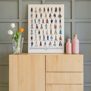 May include: A framed print featuring numerous religious figures in various poses and attire. The print is displayed on a light wooden cabinet, accompanied by two pink bottles and a vase of tulips. The text at the bottom of the print is partially visible.