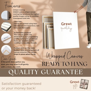 May include: A stack of wrapped canvas prints, ready to hang, with the words "Great quality" on the front. The image highlights features like unique coating, latex inks, and sustainable materials. The text also mentions a quality guarantee.