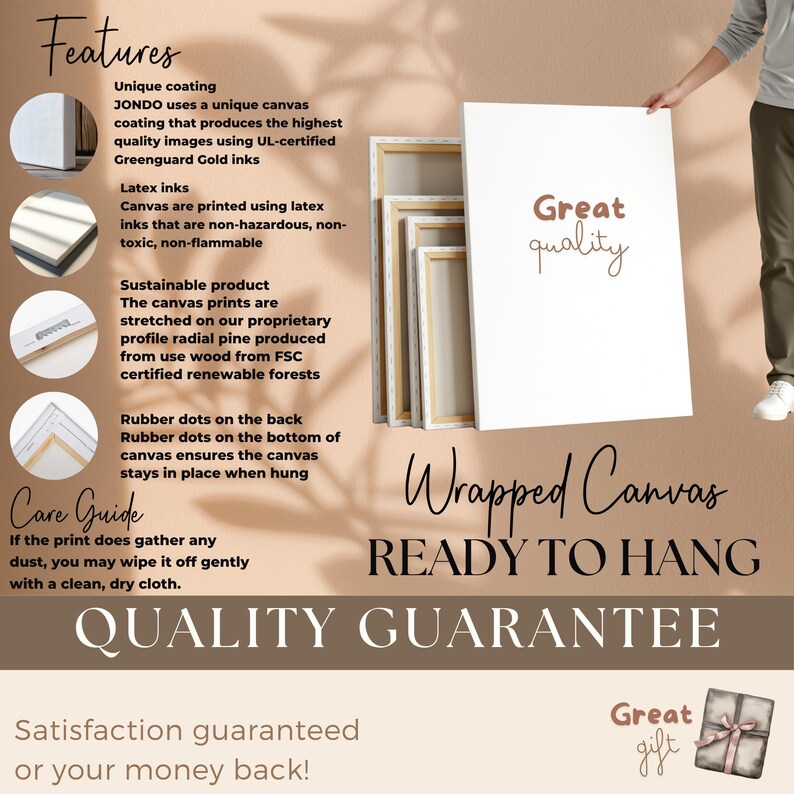 May include: A stack of wrapped canvas prints, ready to hang, with the words "Great quality" on the front. The image highlights features like unique coating, latex inks, and sustainable materials. The text also mentions a quality guarantee.