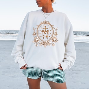Marian Catholic Sweatshirt, Virgin Mary Hoodie, Catholic gift for women, Catholic T-shirt, Marian Cross Shirt, Floral Women Religious Shirts