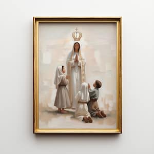 May include: A framed religious painting depicts a woman in a white robe with a gold crown, surrounded by three children. The children are dressed in neutral-toned clothing and are in prayer. The painting has a gold frame.
