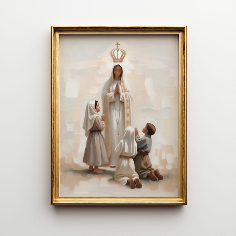 May include: A framed religious painting depicts a woman in a white robe with a gold crown, surrounded by three children. The children are dressed in neutral-toned clothing and are in prayer. The painting has a gold frame.