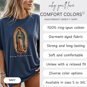 May include: Navy blue Comfort Colors heavyweight unisex t-shirt. The shirt features a graphic of a religious figure with the text "pray like a mom". Made from 100% ring-spun cotton, it's available in sizes S to 3XL. Garment-dyed fabric.