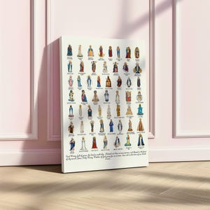 May include: A white canvas print featuring numerous illustrations of religious figures. Each figure is depicted in a unique pose and attire, with a variety of colors and styles. The print includes text at the bottom, and is leaning against a pink wall.