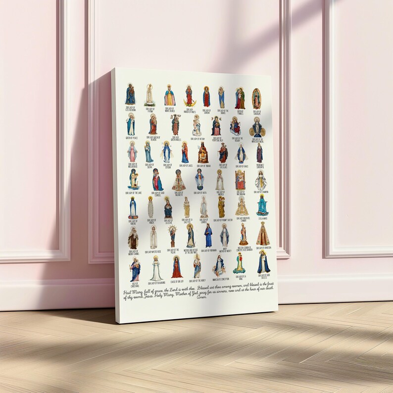 May include: A white canvas print featuring numerous illustrations of religious figures. Each figure is depicted in a unique pose and attire, with a variety of colors and styles. The print includes text at the bottom, and is leaning against a pink wall.