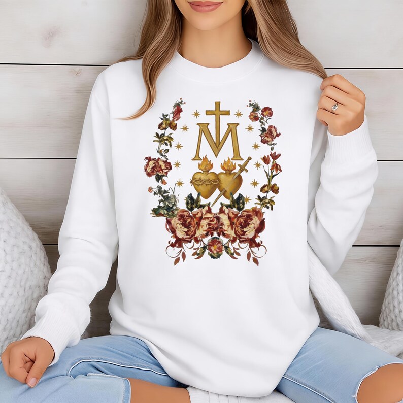 Miraculous Medal Tee: Gold Monstrance Floral Faith Apparel, Ring-Spun Cotton image 2