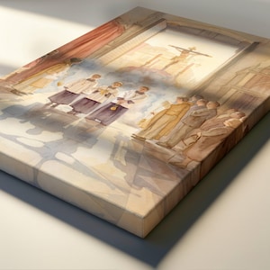 May include: Watercolor painting on canvas depicting a religious scene. The artwork features figures in robes, a crucifixion scene, and architectural elements. The color palette includes muted tones of beige, brown, and white, with a focus on light and shadow.