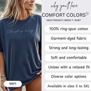 The image is a promotional image for a navy blue t-shirt. It features a woman wearing the t-shirt and provides information about the shirt's features, such as 100% ring-spun cotton, garment-dyed fabric, strong and long-lasting, soft and comfortable, and an unisex fit with a relaxed fit. The image also mentions that the shirt is available in sizes S to 3XL.