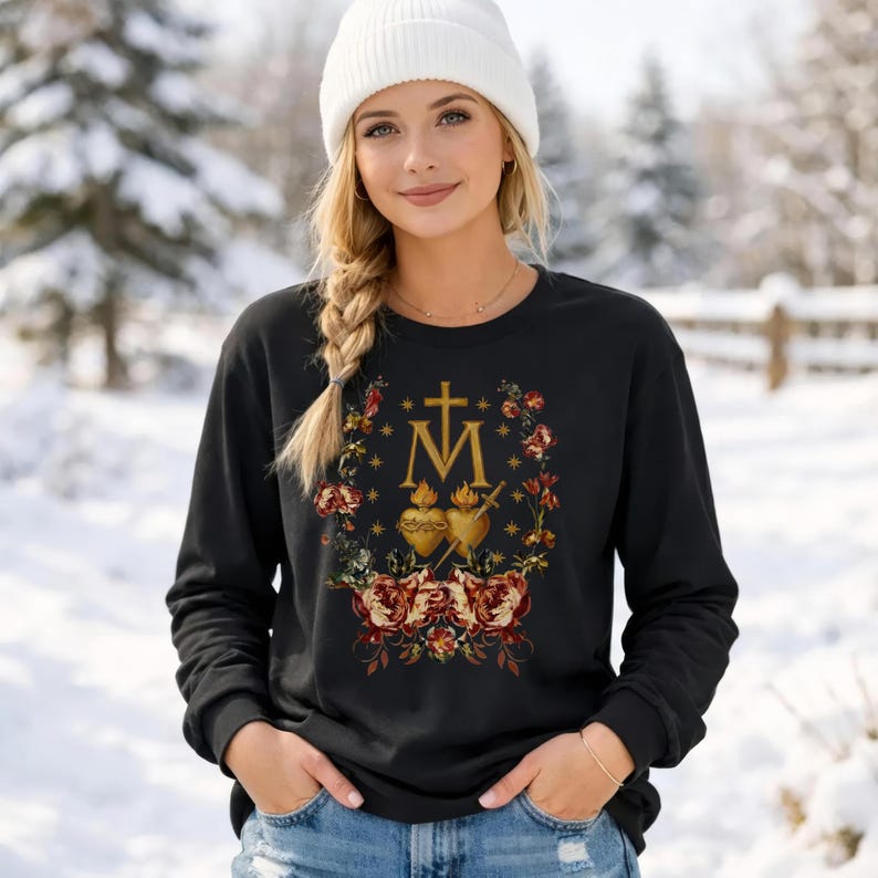 Miraculous Medal Tee: Gold Monstrance Floral Faith Apparel, Ring-Spun Cotton image 1
