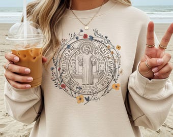 St Benedict Medal Sweatshirt: Distressed Vintage Religious Graphic, Soft Cotton Blend