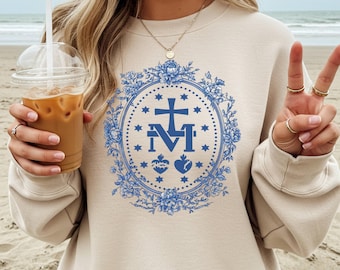 Miraculous Medal Marian Cross Sweatshirt, Vintage Floral Faith Apparel
