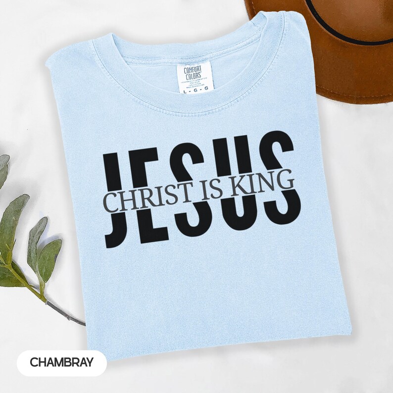 A light blue t-shirt with the text "JESUS IS KING" printed on it, along with a brown hat and some greenery in the background.
