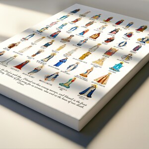May include: A canvas print featuring numerous watercolor illustrations of the Virgin Mary, each labeled with a different title. The artwork showcases a variety of styles and colors, with a white background and a quote at the bottom.