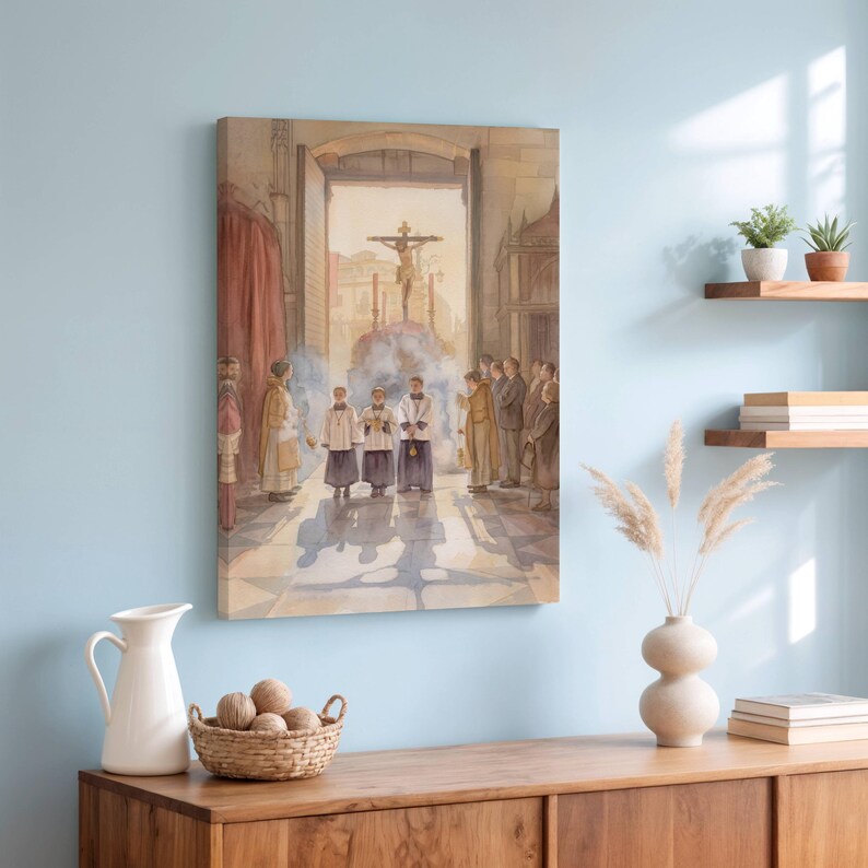 May include: A canvas print of a watercolor painting depicting a religious ceremony inside a cathedral. The artwork shows figures in robes, a crucifix, and architectural details. The color palette is muted with warm tones.