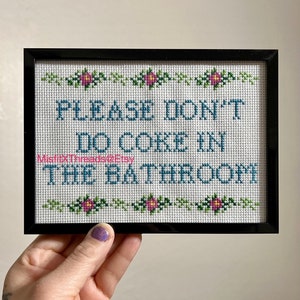 Please Don't Do Coke In The Bathroom - Completed Cross Stitch