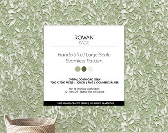 Large Scale Sage Green Rowan Seamless Pattern, 24x24 Linocut Leaf Digital Paper, Botanical Jumbo Wallpaper Surface Design PNG