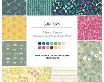 Sun Fern Collection, 9 Hand-Drawn Seamless Patterns, Digital Paper Set, Floral Bundle, PNG, Rosepond Design